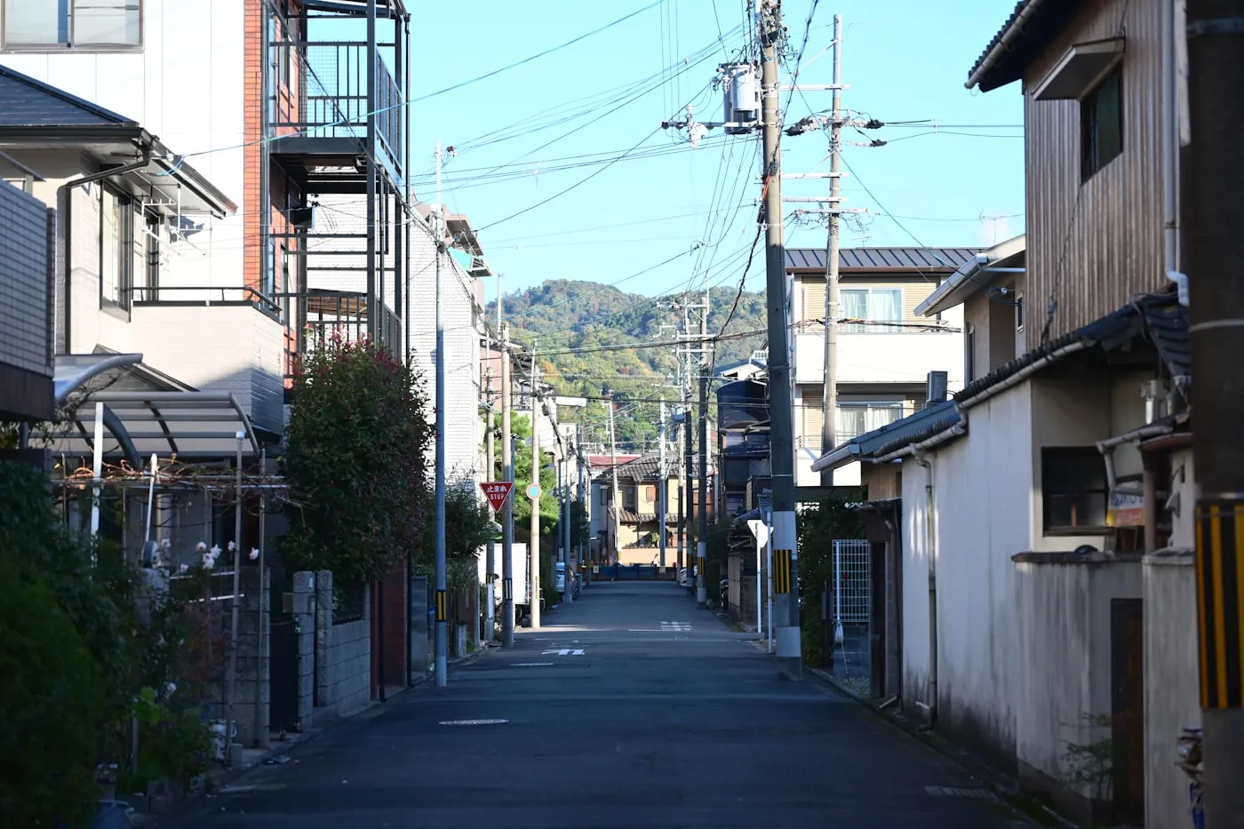 戸建てが並ぶ住宅街の細い道と電柱