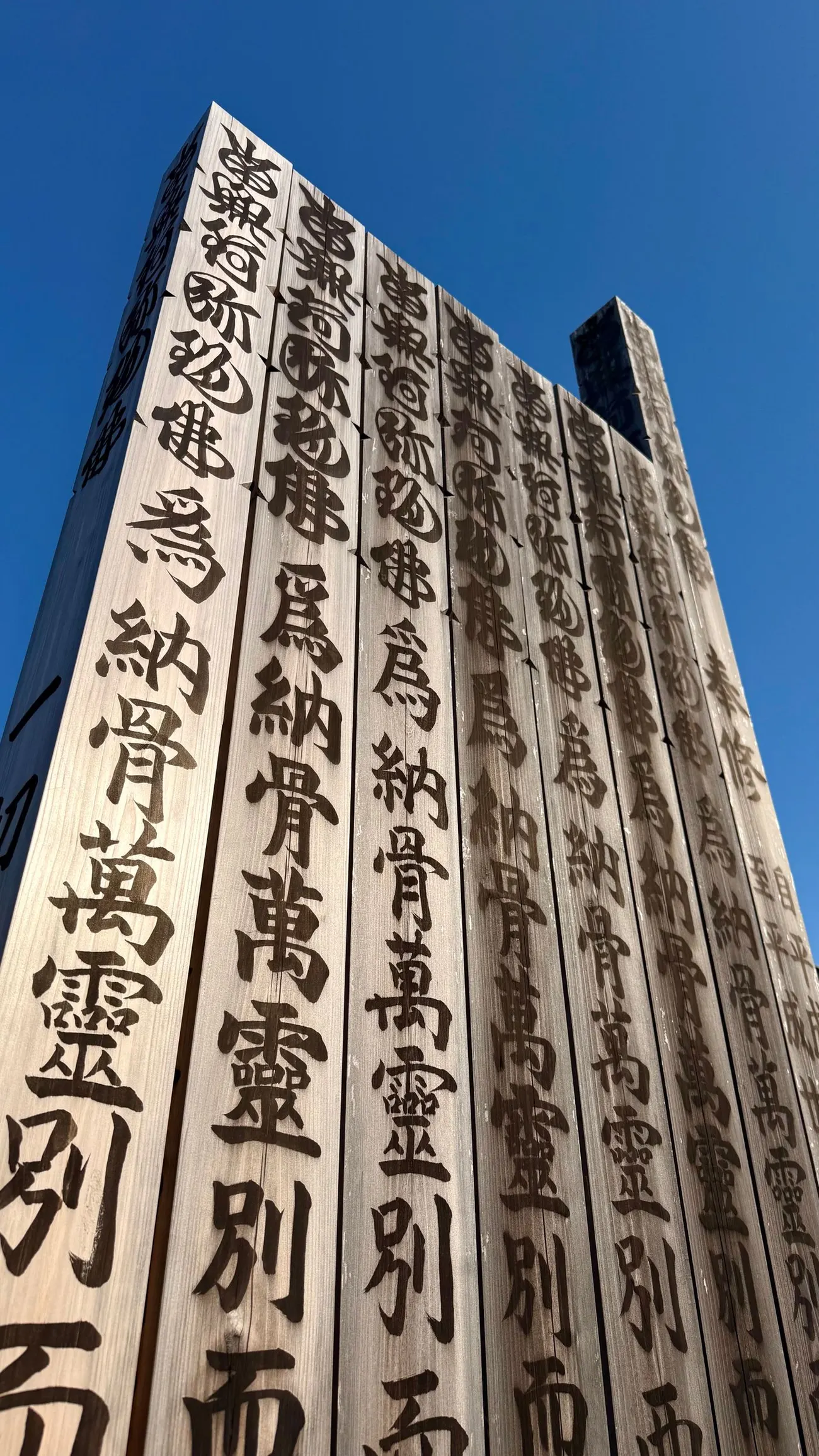「納骨萬霊」などの文字が墨で書かれた木製の卒塔婆が、青空を背に何枚も重なって立っている