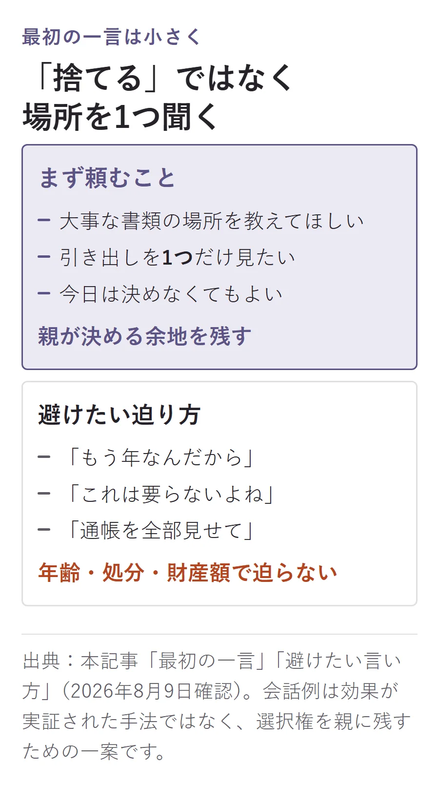 親へ生前整理を切り出すときは、捨てる話ではなく大事な書類の場所や引き出し1つから頼み、年齢・処分・財産額で迫らない