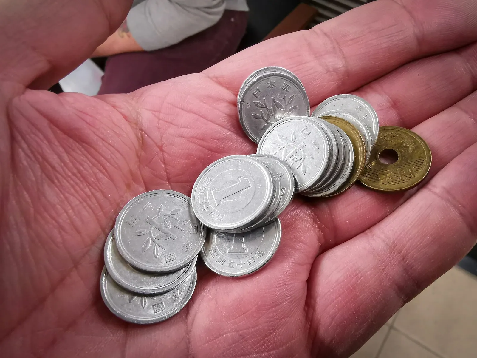 手のひらに載せられた1円玉や5円玉などの日本の硬貨