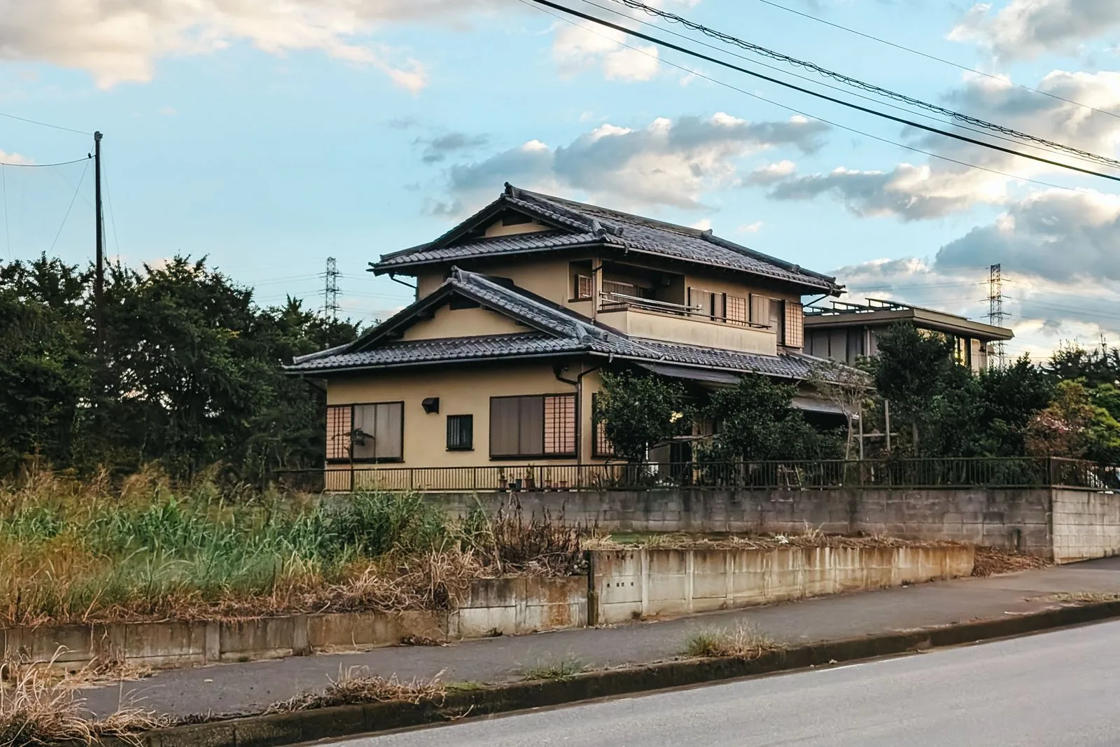 瓦屋根の日本家屋と、その手前に草の伸びた空き地と道路