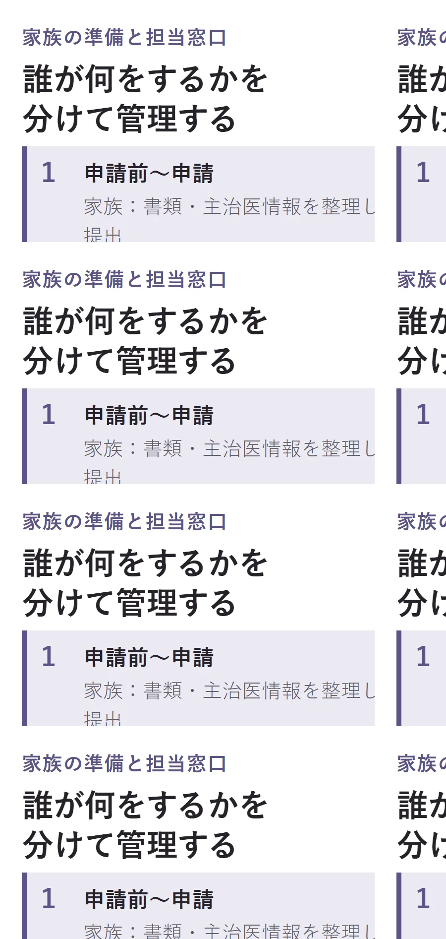家族の準備と担当窓口を分けた手順。申請前〜申請は家族が書類・主治医情報を整理して提出、窓口は市区町村・地域包括支援センター。認定調査〜結果を待つ間は家族が同席とメモ・必要な支援を相談、窓口は認定調査の担当・ケアマネジャー。結果通知〜利用の相談は家族が区分と満了日を記録し利用計画を相談、窓口は通知した市区町村・地域包括支援センター